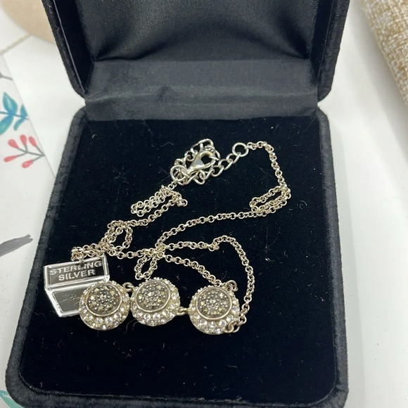 Vintage Sterling Silver Marcasite & CZ's 3 Disk Drop Lavaliere Necklace 17-20" - Picture 8 of 10